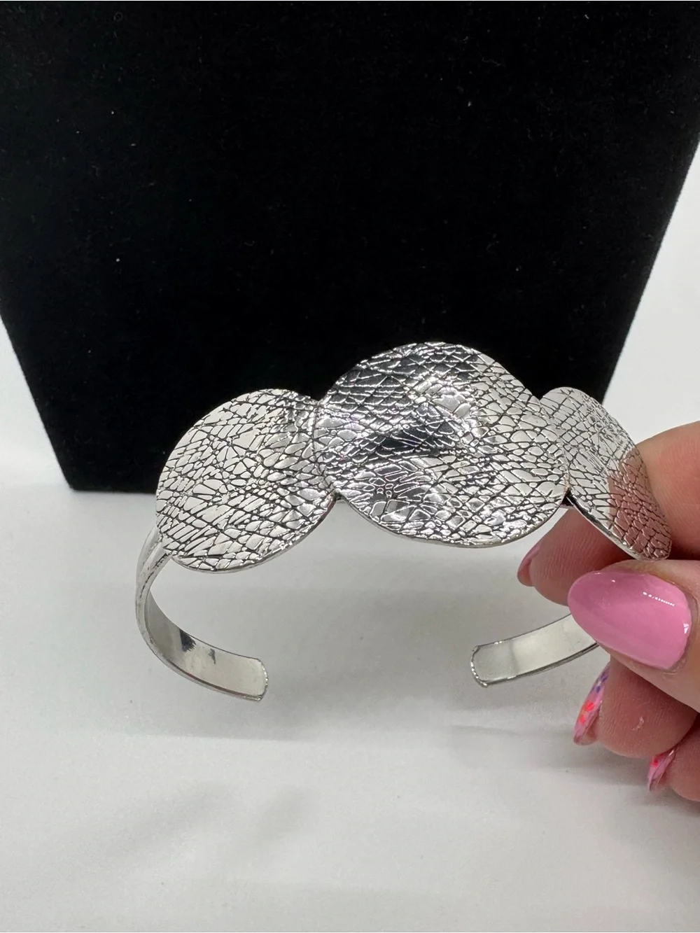Textured Silver Three-Circle Statement Cuff Bracelet